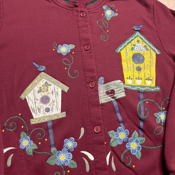 Vintage 90s Blair Birdhouse Bird Floral Print Cardigan Sweater Maroon Button Up - Picture 2 of 6